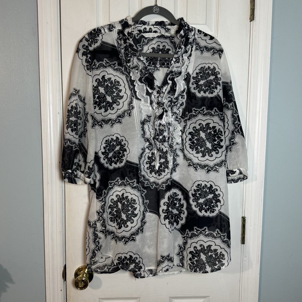 New York & Company Black And White Sheer Blouse, Ruffles, 100% Polyester, Large - Picture 1 of 10